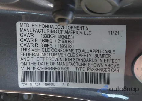 2022 Honda Insight Touring из США, поврежденный, VIN 19XZE4F94NE009529